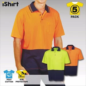5 X NEW HI VIS COTTON BACK POLO WORK SHIRT DROP NEEDLE FABRIC QUICK DRY WORKWEAR - Picture 1 of 5