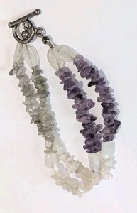 Vtg Sterling Silver Polished Amethyst Quartz Labradorite Chip Beaded 8" Bracelet - Picture 1 of 7