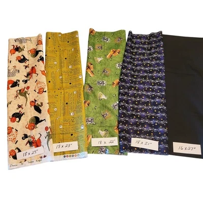 Cotton Fabric Lot 5 Pcs Halloween Dance Witch Potion Star 18x23–16x27" Scraps - Image 1 of 4