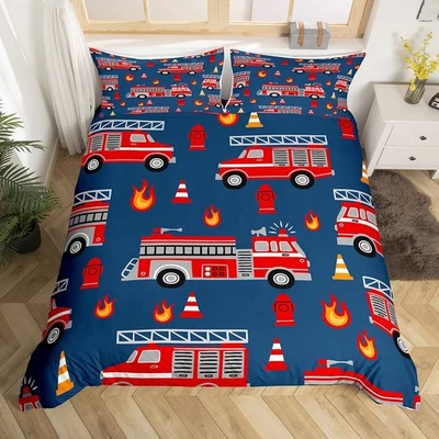 Voiture de Dessin animé Housse de Couette Fire Truck Parure de Lit 240x260cm ... - Photo 1/4
