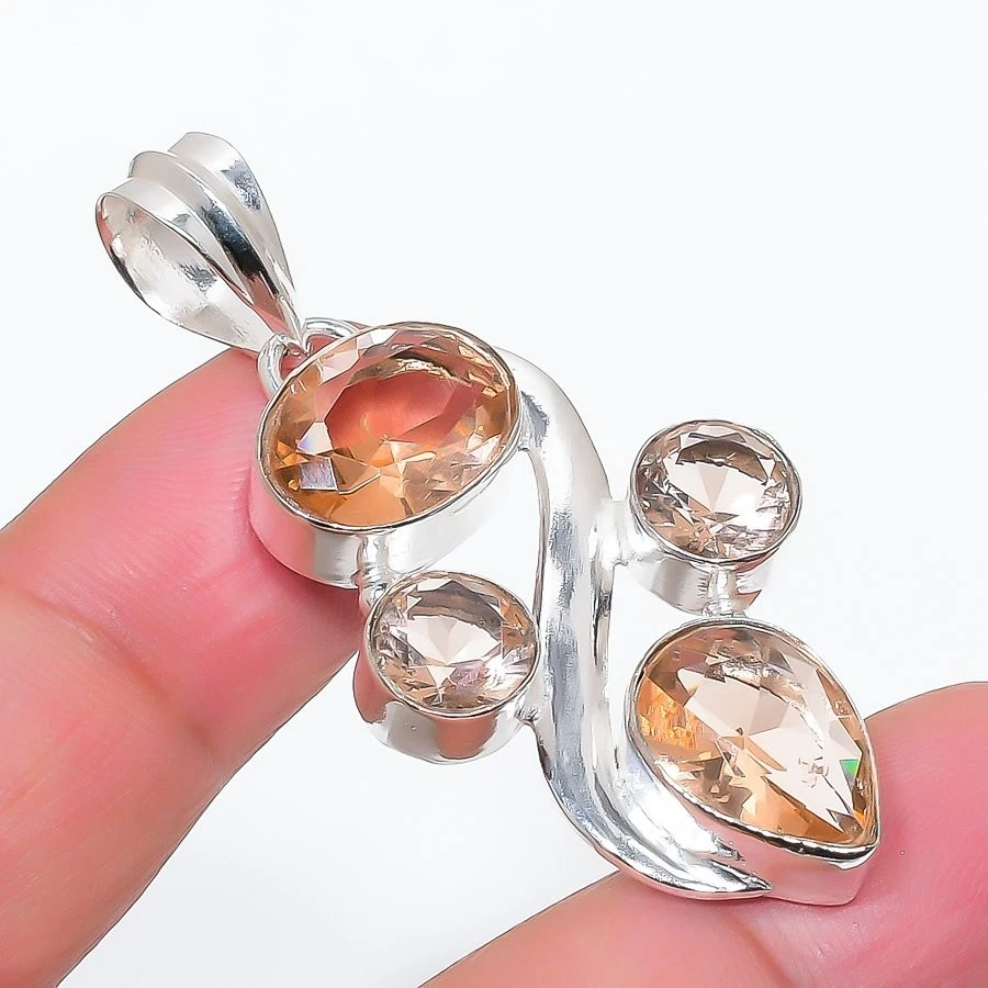 Peach Morganite Gemstone Handmade 925 Sterling Silver Jewelry Pendant Size 2" - Image 1 of 1