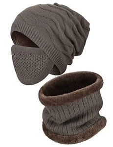 Winter Knitted Beanie Scarf Men Hat Neck Warmer Gaiter Face Cover Set Khaki - Picture 1 of 8