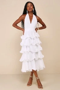 NEW Lulus Exceedingly Gorgeous White Tiered Halter Midi Dress Medium - Picture 1 of 5