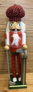 Golfer Nutcracker Golf Clubs Bag Red Black Christmas Plaid Wood 15" - Picture 1 of 6