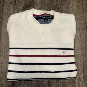Tommy Hilfiger Pull Over Mens M White 90s Striped Crest Chunky Classic OldSchool - Picture 1 of 7