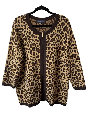 Jones New York Mujer’s 2X Boho Chic Leopardo Lujo Tejido Cremallera Completa Cárdigan Otoño Foto 1 de 4