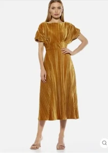 Alexia Admor Women's Boatneck Veronica Pleated Velvet Midi Dress Gold -Size S - Picture 1 of 16