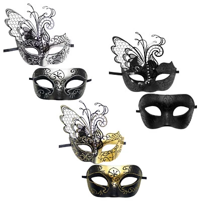 2Pcs Couples Venetian Masks Butterfly Shiny Metal Women Men Masquerade Party Set - Image 1 of 4