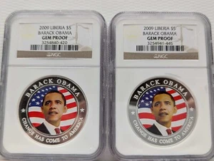 2009 $5 DOLLAR LIBERIA "BARACK OBAMA" NGC GEM PROOF  "SILVER PLATED" LOT OF 2 - Picture 1 of 10