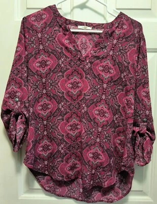 Blusa túnica Maurices Top Talla M roja borgoña sedosa cachemira manga 3/4 pestañas A1 Foto 1 de 4