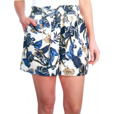 Pantalones Cortos Dalia Estampado Floral Tiro Alto Mezcla de Lino Corbata Cintura Azul Combo Grande Nuevos con Etiquetas Foto 1 de 4