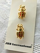 Two Gold Metal Insect Beetle JHB Buttons New on Card Made in Italy Red Enamel
