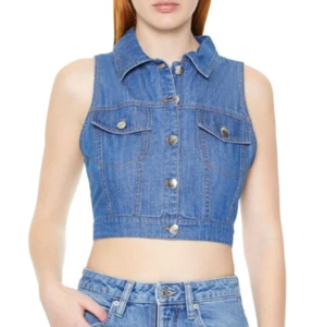Blue denim sleeveless button down crop vest top Women Size SMALL y2k 90s cropped - Picture 1 of 4