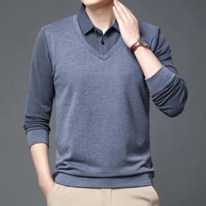 Camiseta Tejida Falsa Dos Piezas Delgada Solapa Parte Inferior Top Camisa Suéter Prendas para el torso Para hombres - Imagen 1 de 9