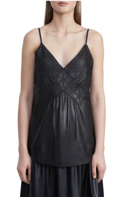 Camisola de cuero con cuello en V de encaje bohemio Lafayette 148 New York para mujer S Foto 1 de 4