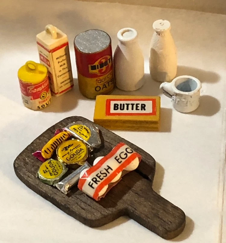Dollhouse Miniature Kitchen Groceries Food Cheese Board Milk Vintage - Image 1 of 4