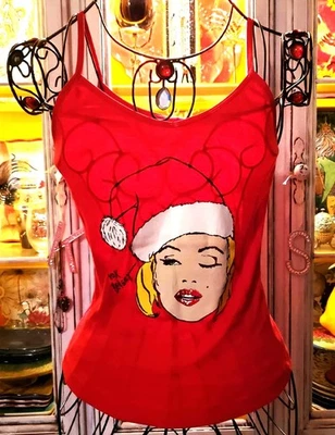 Vintage Betsey Johnson Y2K Marilyn Monroe Wink Christmas Santa Hat Tank Top L - Image 1 of 4