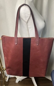 Madewell Paint Stripe Transport Tote Burgundy With Black Stripe Leather - Picture 1 of 8