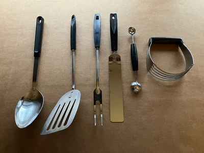 Vintage Ekco USA Kitchen Utensils w/Black Handles Lot of (6), Spoon, Spatula... - Image 1 of 4