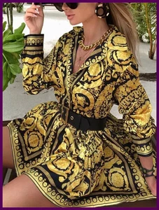Elegante Vestido Camisa Estampado Mujer Vintage Manga Larga Vestido de Fiesta Mini Corto - Imagen 1 de 17