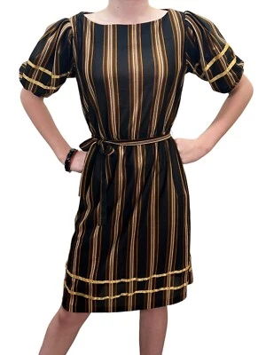 Sz S~M Vtg 70s Stripe Dress Secretary Puff Sleeve Tie Belt Brown Cream Black - Image 1 of 4