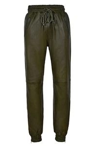 Men's Olive Green Celebrity Sweatpants 100% Leather Jogging Casual Wear Pant - Picture 1 of 8