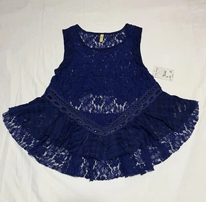 FREE PEOPLE Floral Lace Tunic Fairy Crochet Tank Blouse Flared Hem Sz S.P - Picture 1 of 18