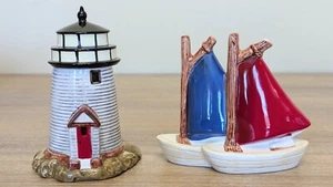 Nantucket Shoreline Nautical 2pc Set SAILBOAT Creamer & LIGHTHOUSE Sugar SAKURA - Picture 1 of 17