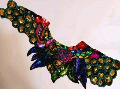 New Peacock Style Sequin Applique Patch Neck Bust Cut Design DIY Quality Sew On - Image 1 of 3