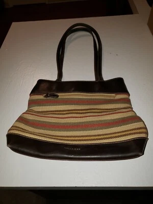VILLAGER BY LIZ CLAIBORNE Striped Woven Tote Handbag w/Brown Leather Trim - Image 1 of 3
