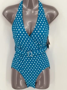 New Michael Kors One Piece Belted Polka Dot Bikini Blue White Halter Size 8 - Picture 1 of 12