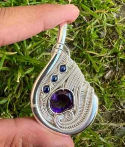 Sterling Silver wire wrapped Pendant Amethyst Pendant Sapphire Pendant Handmade - Picture 1 of 5
