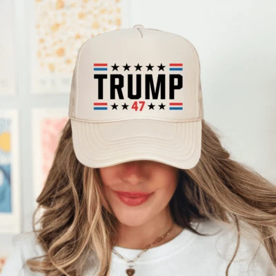 Trump 47 Hat Classic Foam Adjustable Trucker Hat Khaki - Image 1 of 4