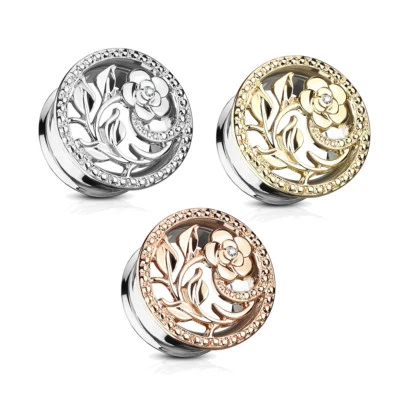 316L Acciaio Inox Tunnel Plug Cz Zirconia Fiore Rebe Argento Oro Rosa Donna - Immagine 1 di 2