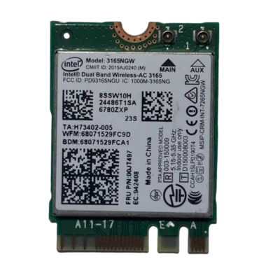 Lenovo Intel Dual Band Wireless AC 3165 3165NGW 433Mbps BT 4.0 00JT497 WLAN Card - Image 1 of 2