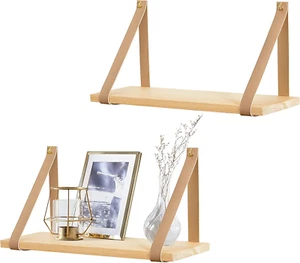 Hanging Shelf Wall Wood Floating Storage Shelves Leather Strap Swing Organizer f - Picture 1 of 7
