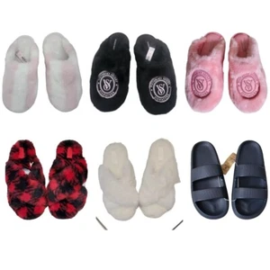 NWT VICTORIA'S SECRET SOFT PLUSH CLOSED TOE FAUX FUR PINK VS LOGO SLIPPERS M - Picture 1 of 7