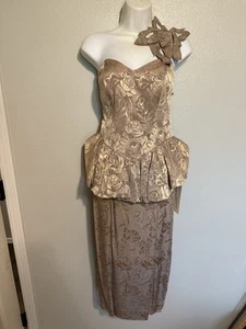 Vintage 80s B.B. Collections Gold Rare NOS Peplum Fitted Gold Floral Dress - Picture 1 of 11