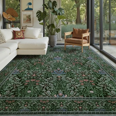 Alfombra de salón vintage verde oscuro, alfombras lavables 8x10 para comedor U... Foto 1 de 4