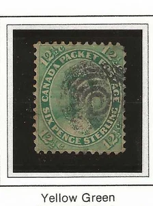 Canada Scott #18 usado 12c amarillo verde 1859 Queen Vicoria, reparado esquina superior - Imagen 1 de 2