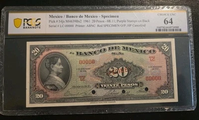 Billete de 20 pesos sin circular México graduación profesional MS64 1961 Foto 1 de 2