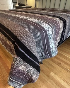Boho KING Quilt Striped Floral Velvet Dark Tans Brown Plum Black Floral Blanket - Picture 1 of 8