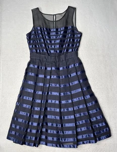 Halston Heritage schwarz & blau gestreiftes Fit & Flare Kleid Größe 2 Seide - Bild 1 von 7