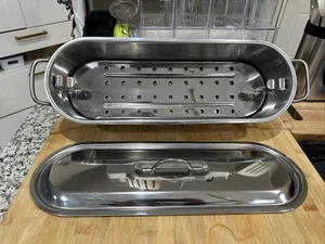Stainless Steel Fish Poacher Lid Removable Rack 18” Long Oval Unbranded Italy * - Picture 1 of 11