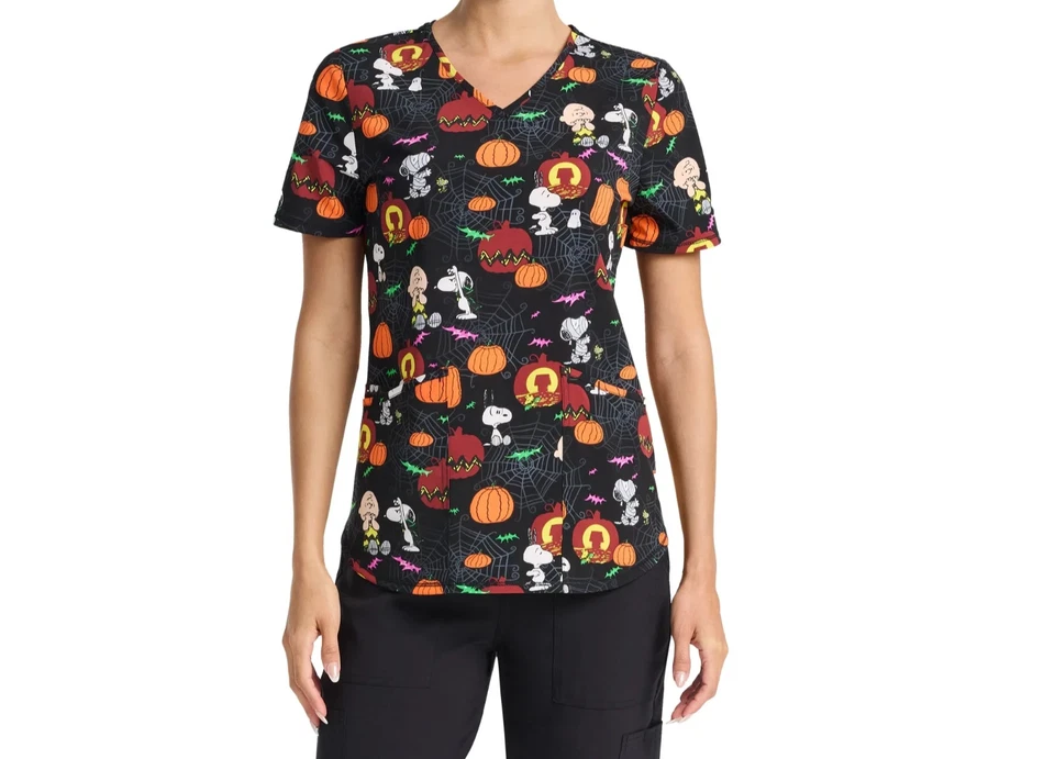 ScrubStar Womens Sz 3XL Halloween Charlie Brown Snoopy Medical Dental Scrub Top