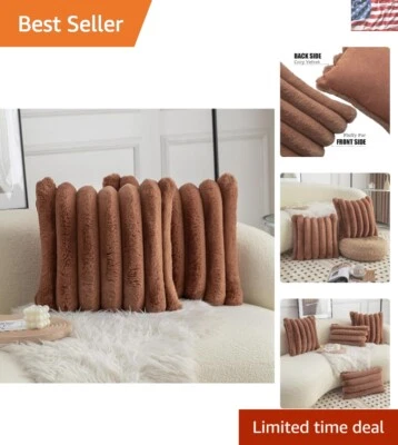 Fibras acogedoras: fundas de almohada de piel sintética a rayas marrones 16x16, perfectas para decoración moderna Foto 1 de 4