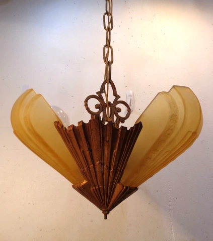 Antique Art Deco 3 Light Amber Glass Slip Shade Chandelier Hanging Light Fixture Cover