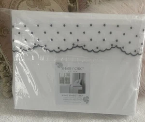 Shabby Chic Embroidered Scallop Dot KING Sheet Set BLACK & WHITE 100% Cotton - Picture 1 of 7