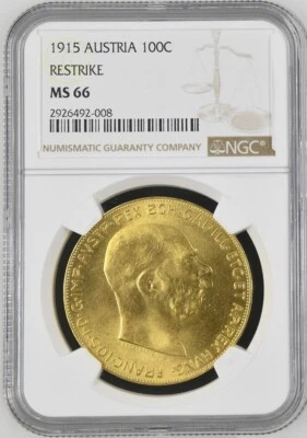 1915 Austria 100C RESTRIKE NGC MS 66 - Image 1 of 2