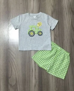 NEW Boutique Boys Farm Tractor Plaid Shorts Outfit Set - Picture 1 of 2